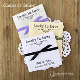 Rustic Wedding Guest Favors, printed with 'Lucky In Love' and the bride and groom with wedding date. Large envelopes, easy to add a scratch off lotto ticket for a fun favor. Your choice of envelope and ribbon color.