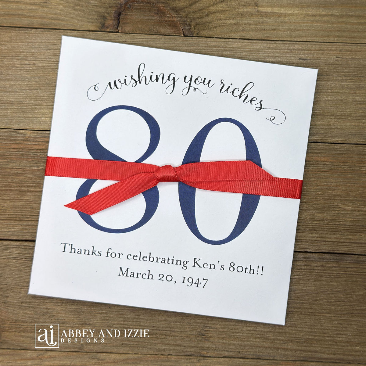 Our Unique Personalized Adult Birthday Party Guest Favors are a fun and easy, Slide a scratch card ticket inside and see who wins. Shown here in fun colors your choice of numbr color and ribbon color to match your party theme. These custom lottery ticket envelopes measure 5" x 5" and can also be made for any birthday, 50th, 60th, 70th or even 80th birthday. These are also great for bridal showers, wedding favor or engagement parties, see our store for more designs. 