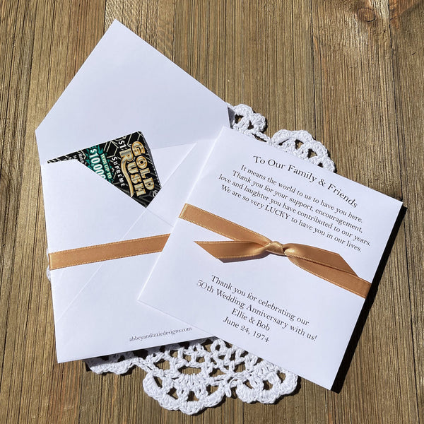 50th wedding anniversary party favors, personalized for the guests of honor.  Printed with a sweet thank you for your guests.  Printed on white cardstock with a gold ribbon which comes attached. 