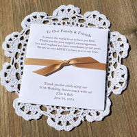 50th wedding anniversary party favors, personalized for the guests of honor. Printed with a sweet thank you for your guests. Printed on white cardstock with a gold ribbon which comes attached.