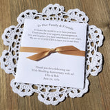 50th wedding anniversary party favors, personalized for the guests of honor. Printed with a sweet thank you for your guests. Printed on white cardstock with a gold ribbon which comes attached.
