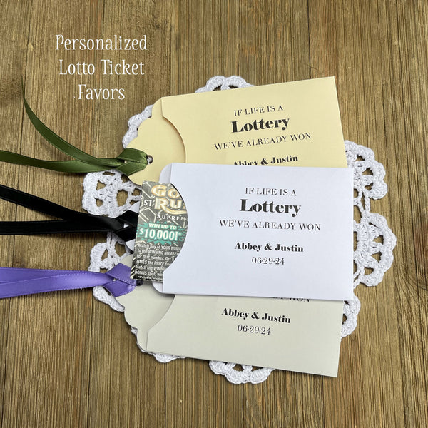 Unique wedding favors printed with 'If life is a lottery we've already won'.  Personalzied lottery ticket holders for the bride and groom.  Wedding favors that are fun and easy.  Your choice of colors to match your wedding theme.