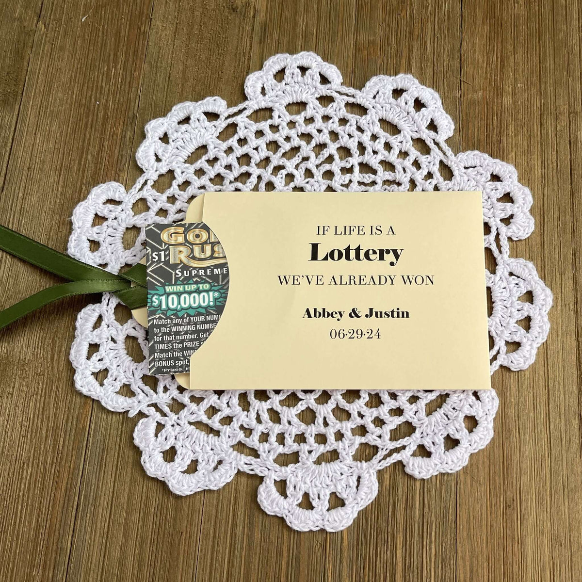 Unique Wedding Favors 'If Life is a Lottery We've Already Won'.  Personalzied lottery ticket holders for the bride and groom.  Wedding favors that are fun and easy.  Your choice of colors to match your wedding theme.