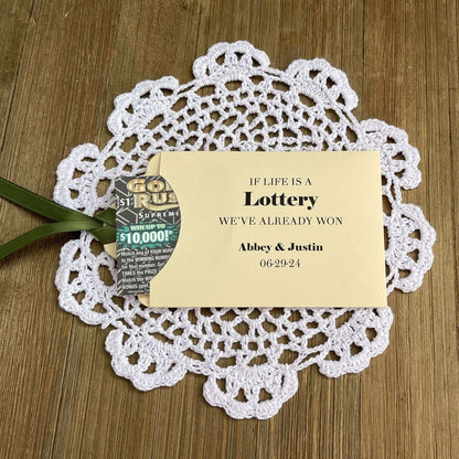 Unique Wedding Favors 'If Life is a Lottery We've Already Won'.  Personalzied lottery ticket holders for the bride and groom.  Wedding favors that are fun and easy.  Your choice of colors to match your wedding theme.