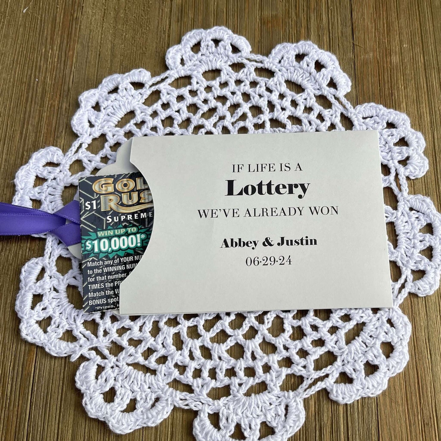 Unique Wedding Favors 'If Life is a Lottery We've Already Won'.  Personalzied lottery ticket holders for the bride and groom.  Wedding favors that are fun and easy.  Your choice of colors to match your wedding theme.