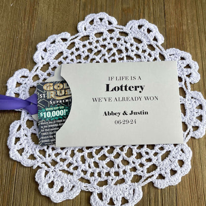 Unique Wedding Favors 'If Life is a Lottery We've Already Won'.  Personalzied lottery ticket holders for the bride and groom.  Wedding favors that are fun and easy.  Your choice of colors to match your wedding theme.