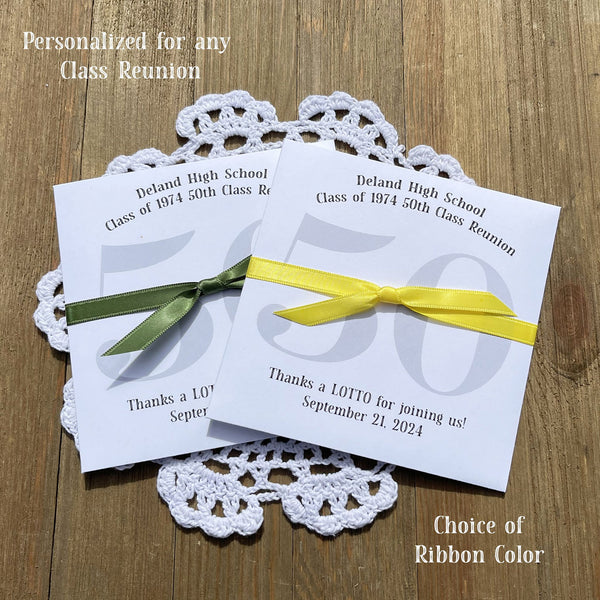 Fun and easy class reunion party favors, slide a lotto ticket in these envelopes for a great ice breaker.  Printed on white card stock envelopes are personalized with the school info and your choice of ribbon color to match your school color.  