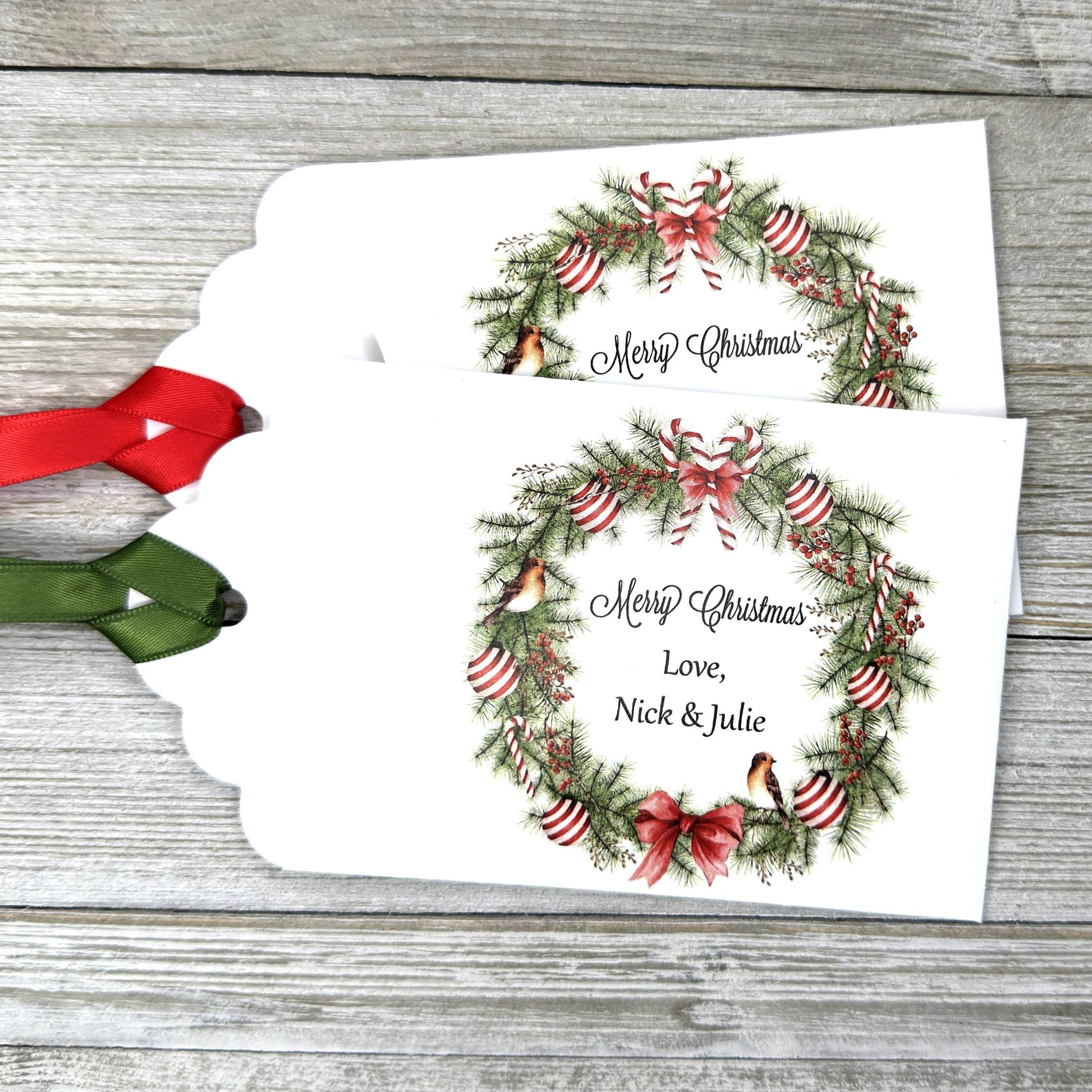 Personalized Christmas Party Favors Affordable Christmas Gifts, adorned with a beautiful wreath and a red  or green ribbon attached.  These can be used for lottery ticket favors or gift card holders.