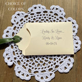 Lucky in Love wedding lottery ticket favor envelopes, slide a lotto ticket in for a fun and easy wedding favor.  Personalized for the bride and groom, your choice of envelope and ribbon color.