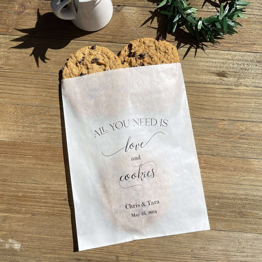Personalized Wedding Cookie Bags for the bride and groom.  All you need is love and cookies, cookie favor bags or cookie buffet bags.  Printed on glassine bags for an elegant touch.