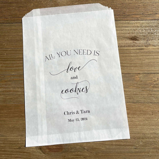 Personalized Wedding Cookie Bags for the bride and groom.  All you need is love and cookies, cookie favor bags or cookie buffet bags.  Printed on glassine bags for an elegant touch.
