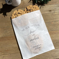 Wedding cookie bags, personalized for the bride and groom.  All you need is love and cookies, cookie favor bags or cookie buffet bags.  Printed on glassine bags for an elegant touch.