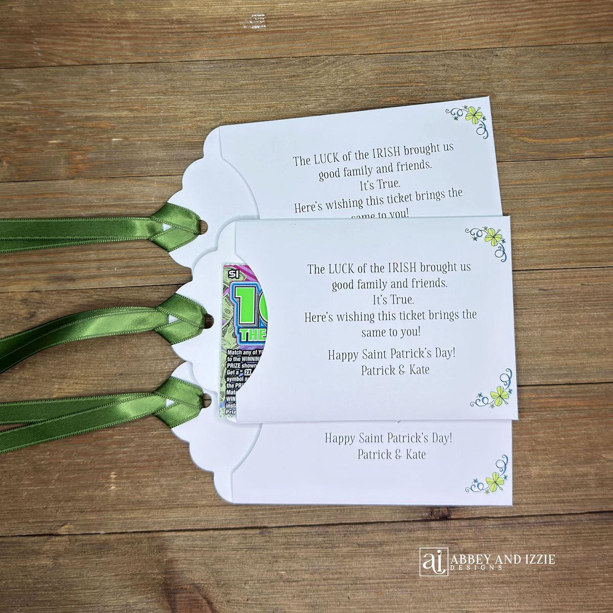 Unique St. Patrick's Day Favors Lottery Ticket Holders are perfect to see who has the 'luck of the Irish! Just slide a scratch off lotto ticket in these adorable St Patrick's Day favors personalized just for you!  White envelope with green ribbon attached.