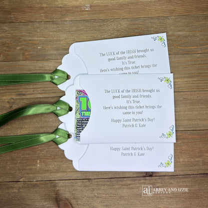 Unique St. Patrick's Day Favors Lottery Ticket Holders are perfect to see who has the 'luck of the Irish! Just slide a scratch off lotto ticket in these adorable St Patrick's Day favors personalized just for you!  White envelope with green ribbon attached.