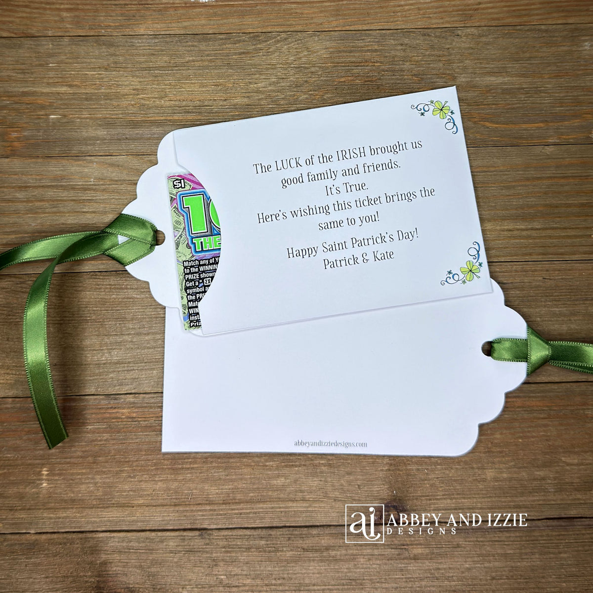 Unique St. Patrick's Day Favors Lottery Ticket Holders are perfect to see who has the 'luck of the Irish! Just slide a scratch off lotto ticket in these adorable St Patrick's Day favors personalized just for you!  White envelope with green ribbon attached.