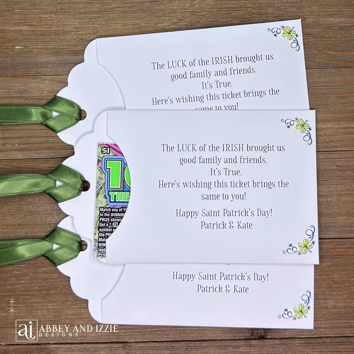 Unique St. Patrick's Day Favors Lottery Ticket Holders are perfect to see who has the 'luck of the Irish! Just slide a scratch off lotto ticket in these adorable St Patrick's Day favors personalized just for you!  White envelope with green ribbon attached.