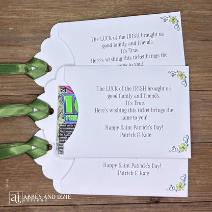 Unique St. Patrick's Day Favors Lottery Ticket Holders are perfect to see who has the 'luck of the Irish! Just slide a scratch off lotto ticket in these adorable St Patrick's Day favors personalized just for you!  White envelope with green ribbon attached.