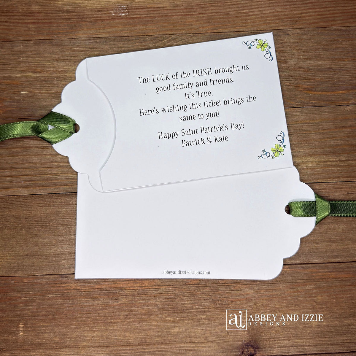 Unique St. Patrick's Day Favors Lottery Ticket Holders are perfect to see who has the 'luck of the Irish! Just slide a scratch off lotto ticket in these adorable St Patrick's Day favors personalized just for you!  White envelope with green ribbon attached.