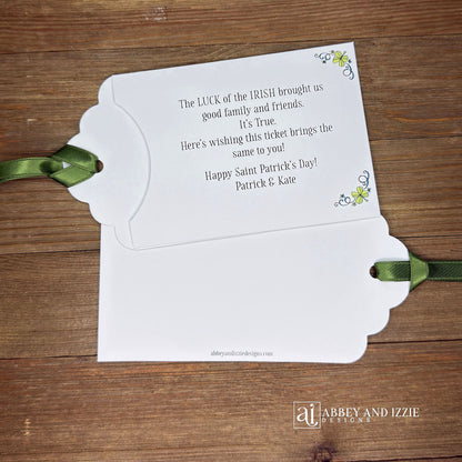 Unique St. Patrick's Day Favors Lottery Ticket Holders are perfect to see who has the 'luck of the Irish! Just slide a scratch off lotto ticket in these adorable St Patrick's Day favors personalized just for you!  White envelope with green ribbon attached.