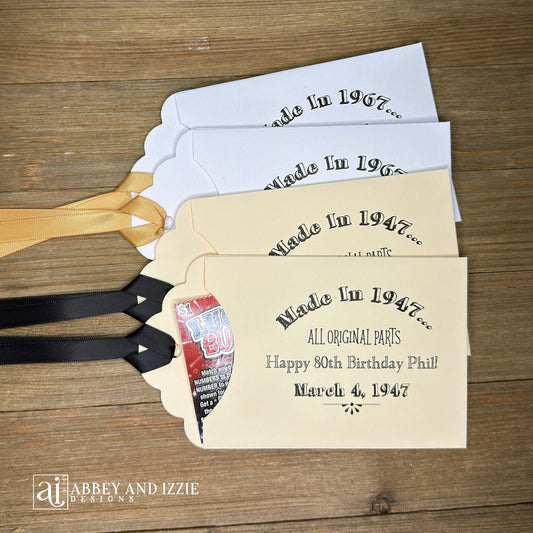 Fun Vintage Adult Birthday Party Favors, slide lottery ticket in the envelope and which guest wins.  Envelopes are personalized for the guest of honor with made in year, name and birth date.  Your choice of envelope and ribbon color. 