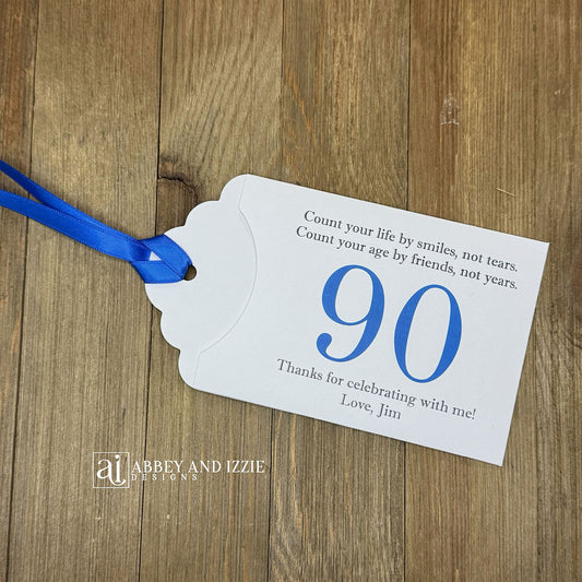 Celebrate with milestone birthday party guest favors that they will treasure. Each favor is customized with names, dates and a special messages to make your event unforgettable. Perfect for 30th, 40th, 50th, and beyond—these keepsakes add a personal touch to any milestone celebration.&nbsp; &nbsp;Printed on white cardstock with your choice of large number and ribbon color to match your party theme.&nbsp;