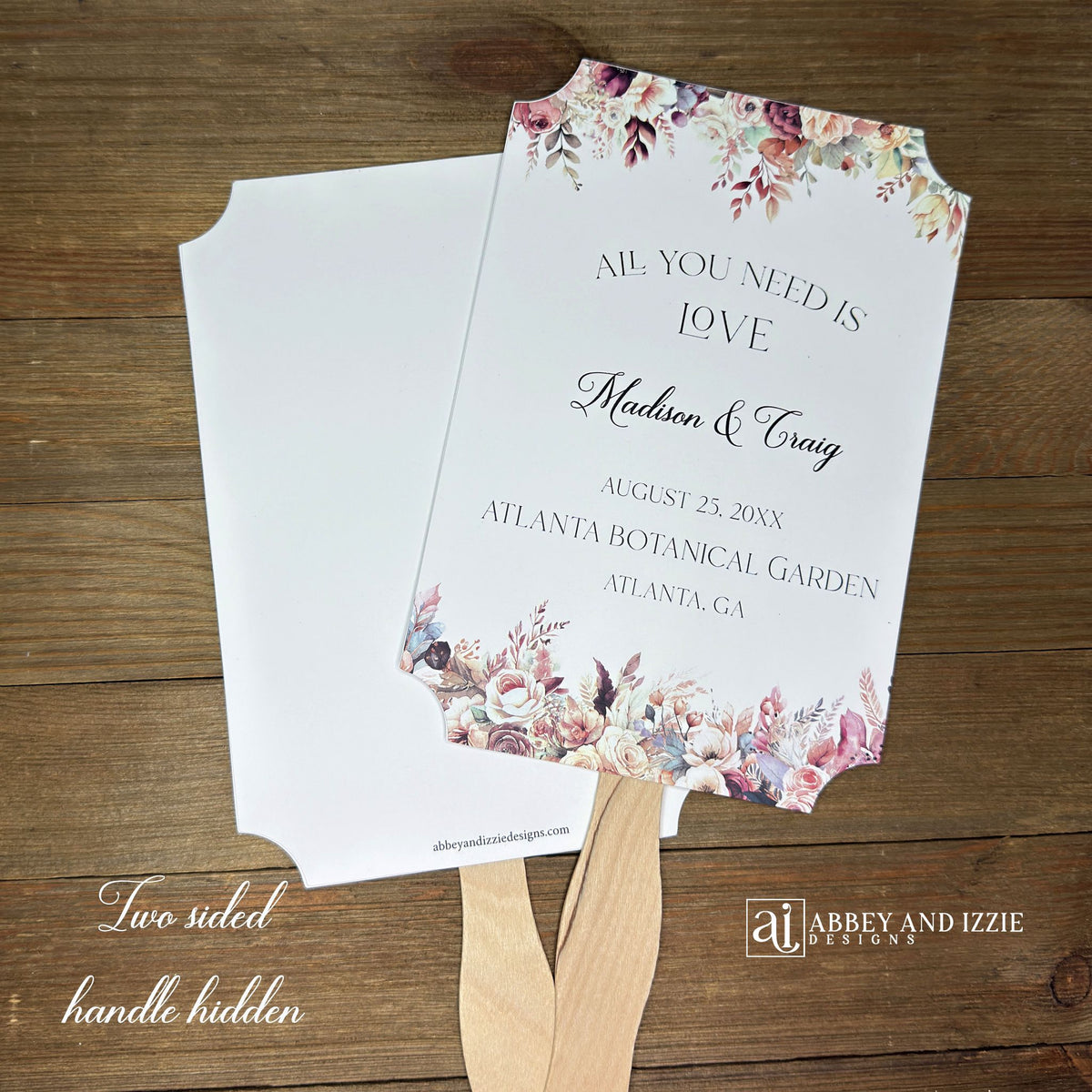Mocha wedding fans, printed on white card stock with mocha flowers flowing from the top and bottom.  Personalized fans, wooden handle hidden between the two layers of cardstock, shipped assembled.