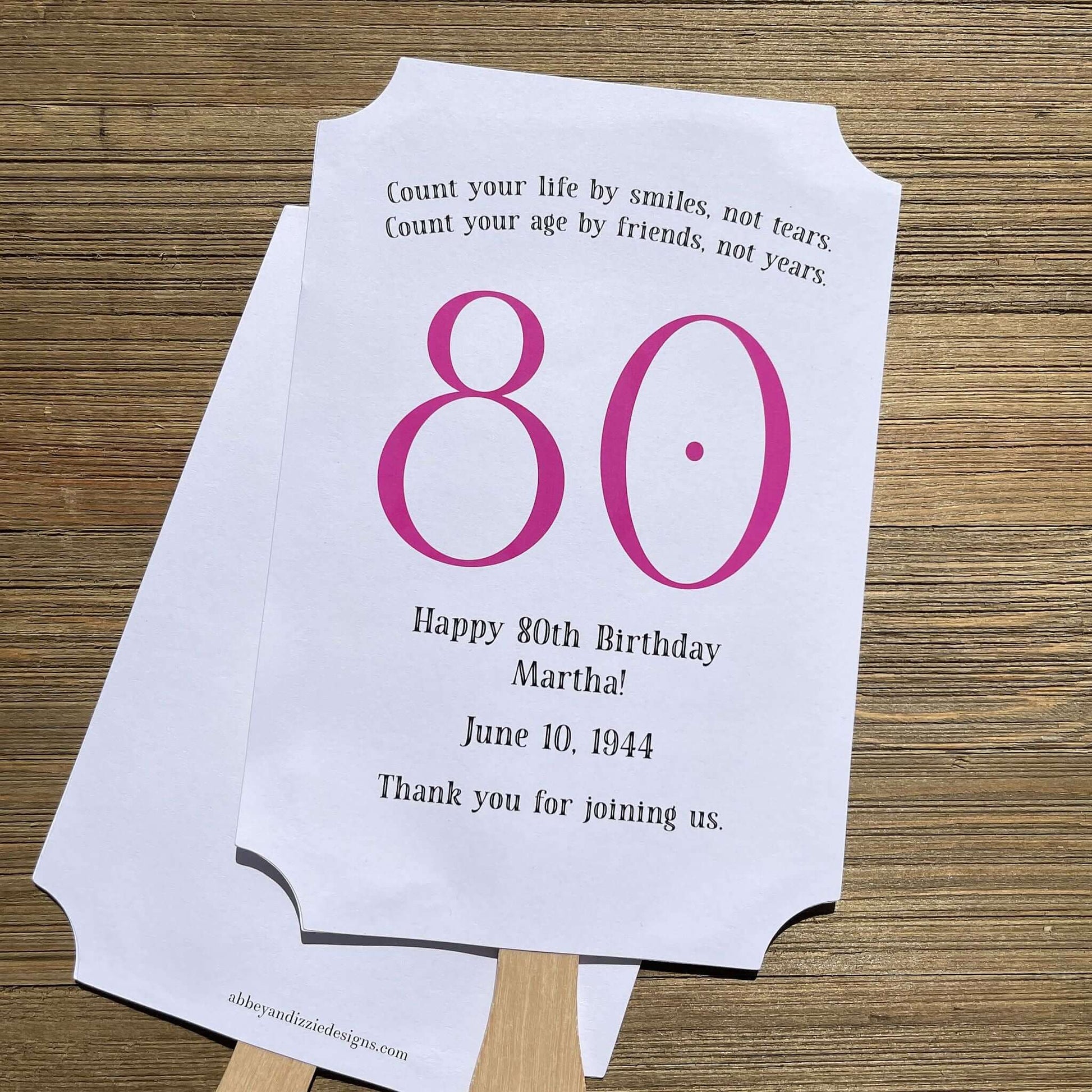 Milestone Birthday Party Favor Fans, keep your guests cool with our fans, perfect keepsake to take home from the party.  Adorned with the large birthday number with the name and birth date of the guest of honor.  Printed on white card stock with your choice of color number.
