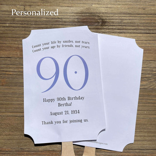 Milestone Birthday Party Favor Fans, keep your guests cool with our fans, perfect keepsake to take home from the party.  Adorned with the large birthday number with the name and birth date of the guest of honor.  Printed on white card stock with your choice of color number.