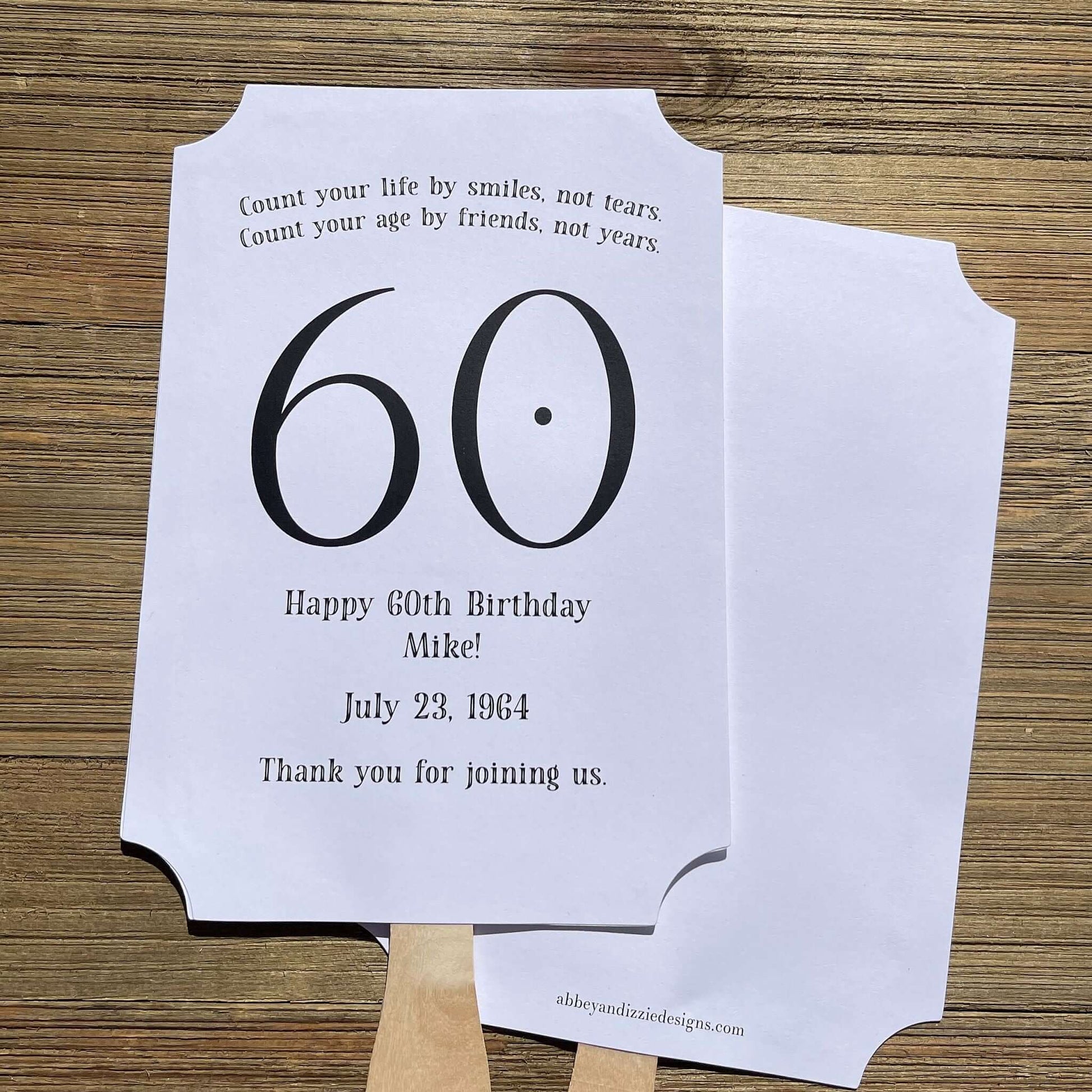 Milestone Birthday Party Favor Fans, keep your guests cool with our fans, perfect keepsake to take home from the party.  Adorned with the large birthday number with the name and birth date of the guest of honor.  Printed on white card stock with your choice of color number.