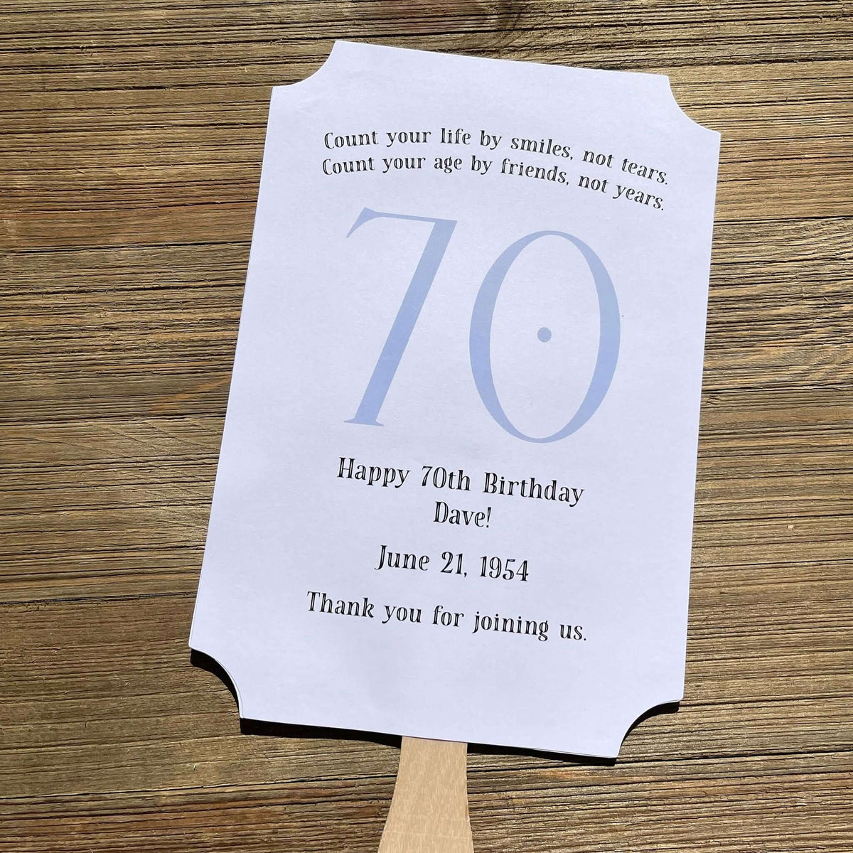 Milestone Birthday Party Favor Fans, keep your guests cool with our fans, perfect keepsake to take home from the party.  Adorned with the large birthday number with the name and birth date of the guest of honor.  Printed on white card stock with your choice of color number.