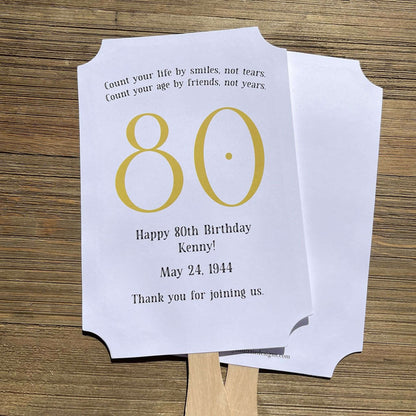 Milestone Birthday Party Favor Fans, keep your guests cool with our fans, perfect keepsake to take home from the party.  Adorned with the large birthday number with the name and birth date of the guest of honor.  Printed on white card stock with your choice of color number.