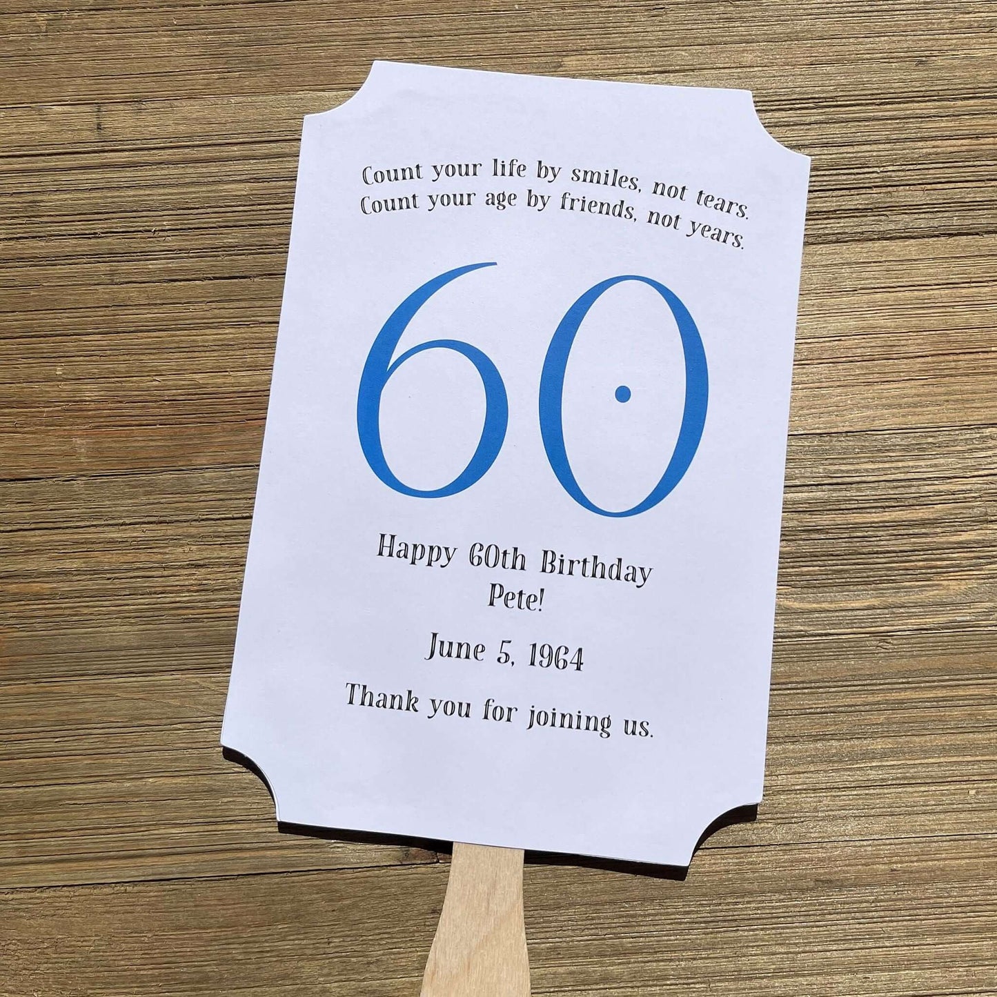 Milestone Birthday Party Favor Fans, keep your guests cool with our fans, perfect keepsake to take home from the party.  Adorned with the large birthday number with the name and birth date of the guest of honor.  Printed on white card stock with your choice of color number.