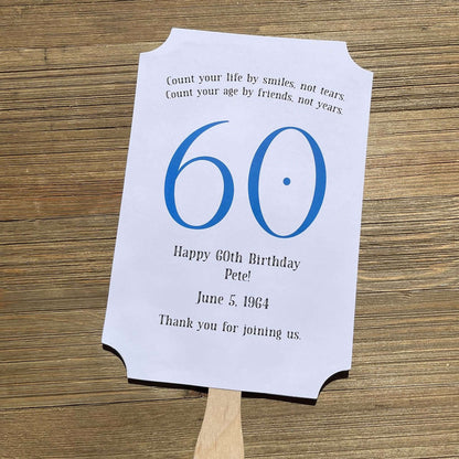 Milestone Birthday Party Favor Fans, keep your guests cool with our fans, perfect keepsake to take home from the party.  Adorned with the large birthday number with the name and birth date of the guest of honor.  Printed on white card stock with your choice of color number.
