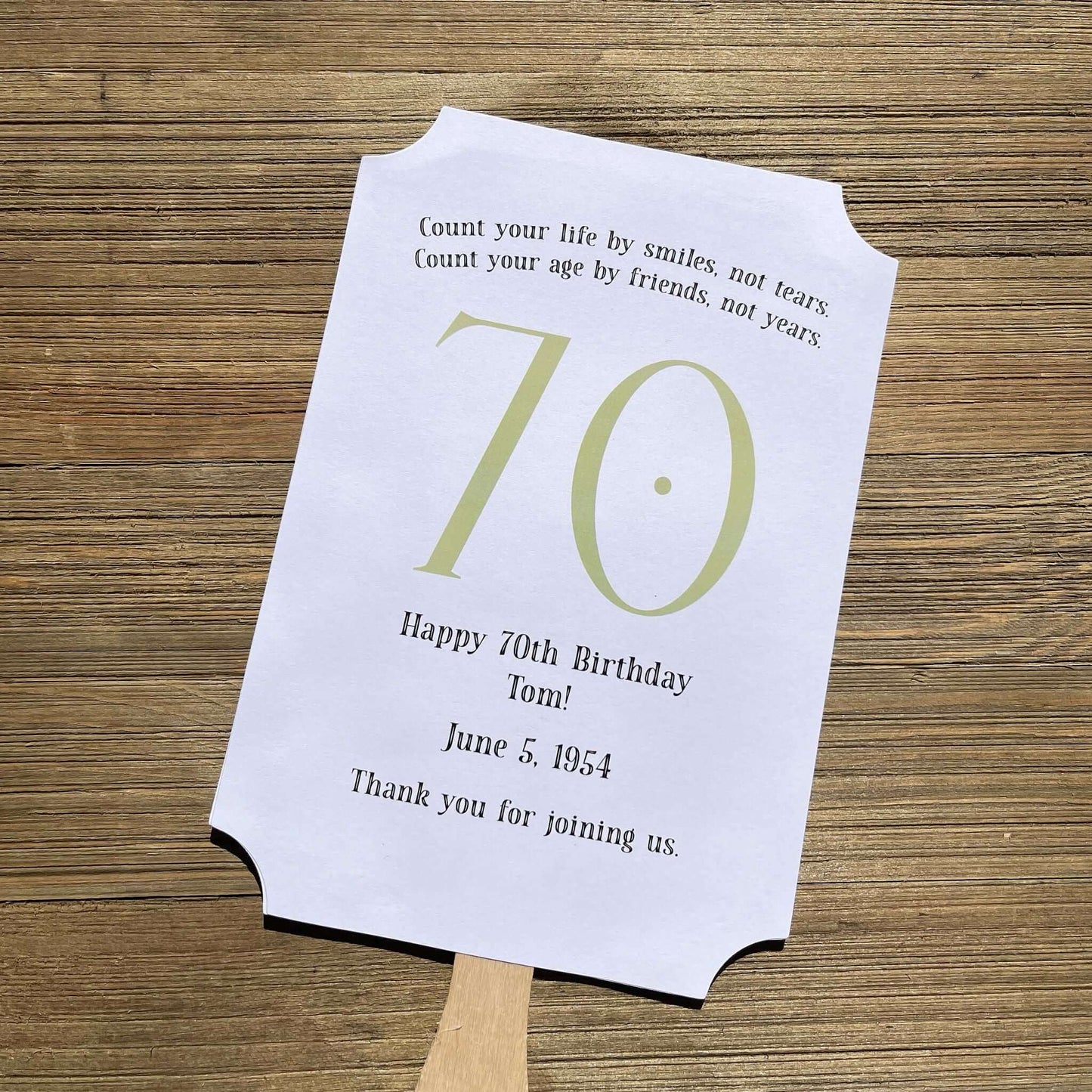 Milestone Birthday Party Favor Fans, keep your guests cool with our fans, perfect keepsake to take home from the party.  Adorned with the large birthday number with the name and birth date of the guest of honor.  Printed on white card stock with your choice of color number.