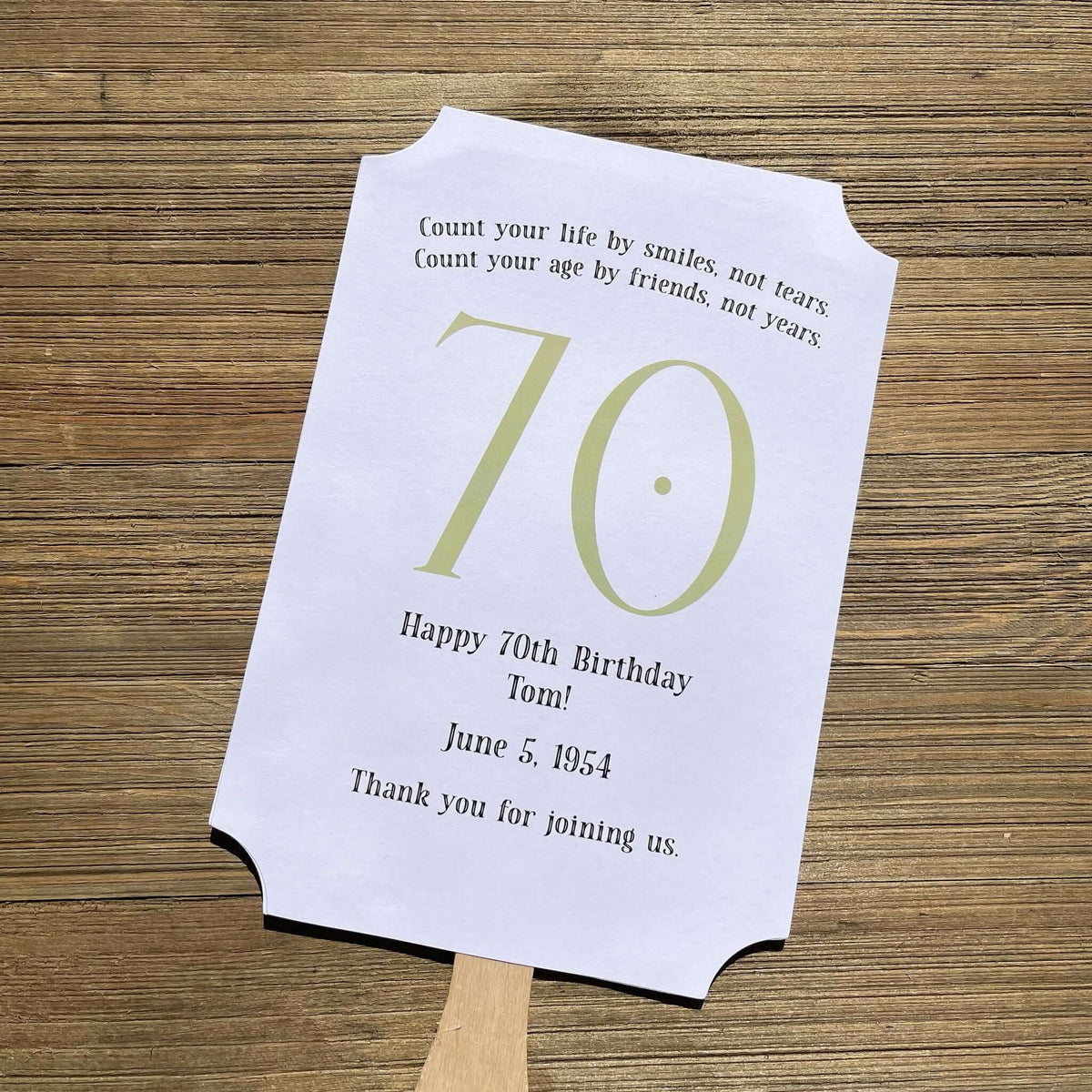 Milestone Birthday Party Favor Fans, keep your guests cool with our fans, perfect keepsake to take home from the party.  Adorned with the large birthday number with the name and birth date of the guest of honor.  Printed on white card stock with your choice of color number.