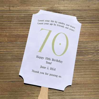 Milestone Birthday Party Favor Fans, keep your guests cool with our fans, perfect keepsake to take home from the party.  Adorned with the large birthday number with the name and birth date of the guest of honor.  Printed on white card stock with your choice of color number.
