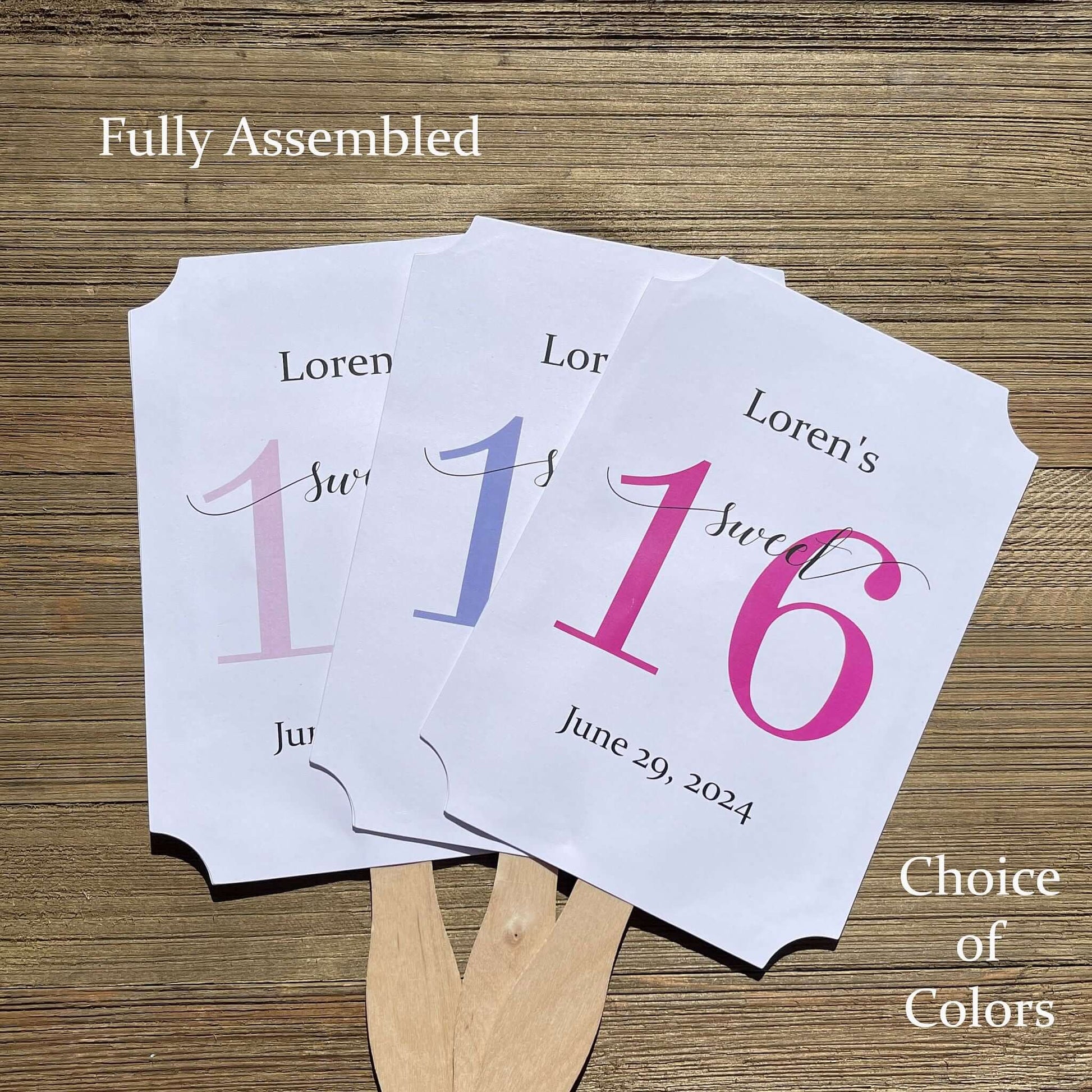 Personalized Sweet 16 Favor Fans for the guest of honor.  Printed on white card stock with a large #16 printed in your choice of color.  Fans ship fully assembled, two sided with handle hidden.  Favor fans make a great keepsake.