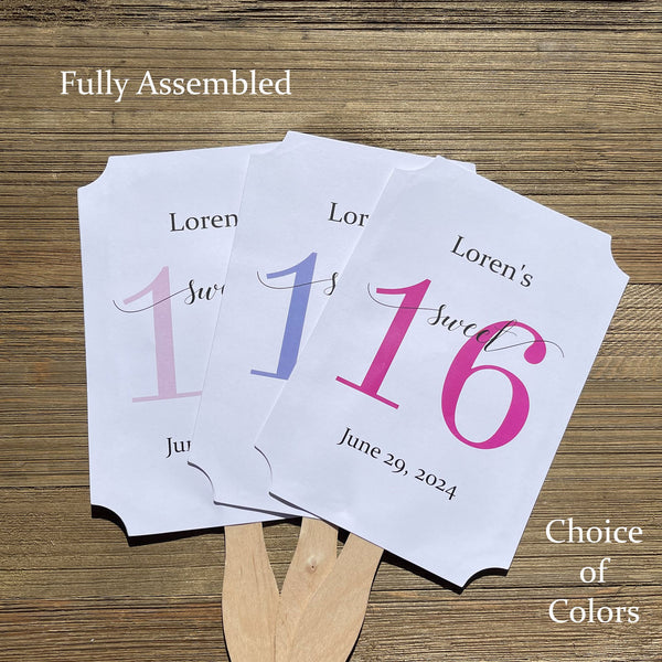 Sweet 16 favor fans that are personalized for the guest of honor.  Printed on white card stock with a large #16 printed in your choice of color.  Fans ship fully assembled, two sided with handle hidden.  Favor fans make a great keepsake.