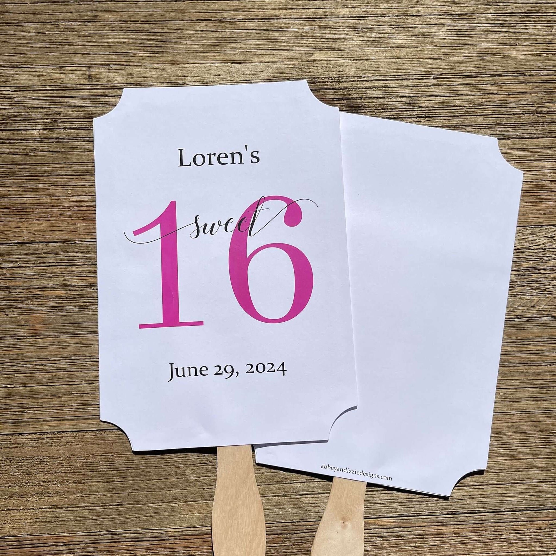 Personalized Sweet 16 Favor Fans for the guest of honor.  Printed on white card stock with a large #16 printed in your choice of color.  Fans ship fully assembled, two sided with handle hidden.  Favor fans make a great keepsake.