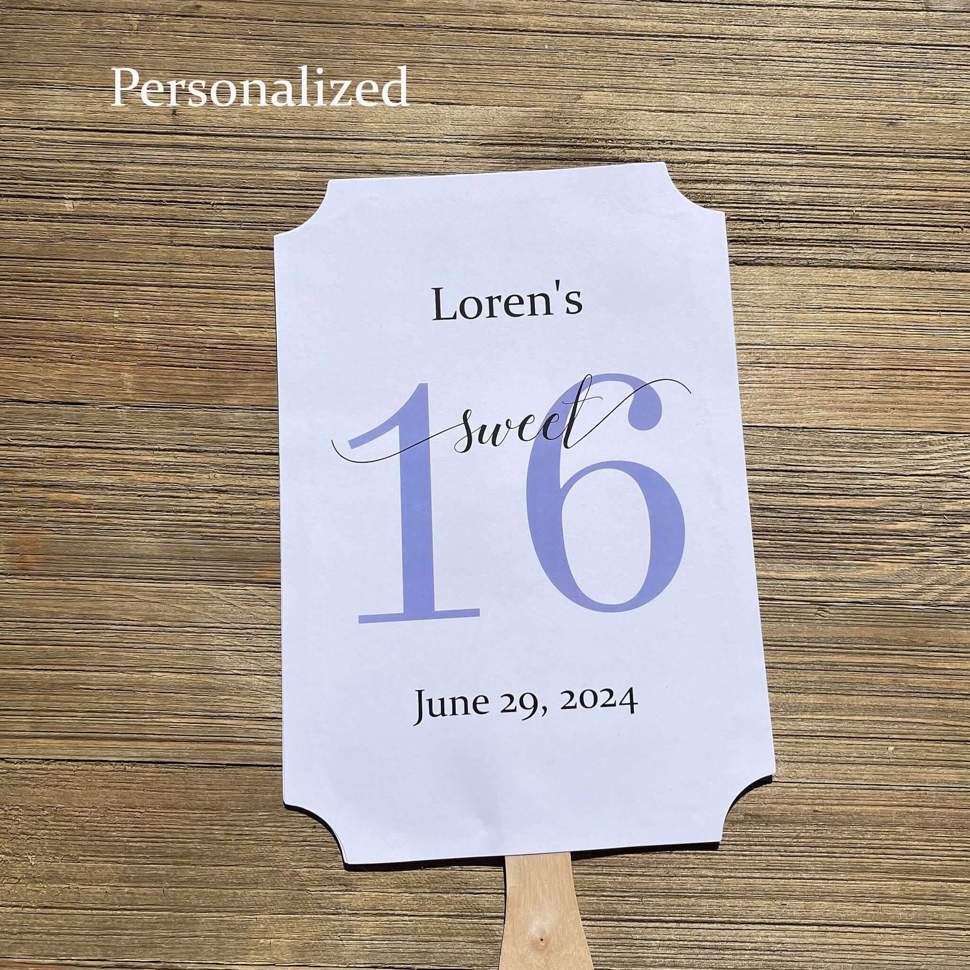 Personalized Sweet 16 Favor Fans for the guest of honor.  Printed on white card stock with a large #16 printed in your choice of color.  Fans ship fully assembled, two sided with handle hidden.  Favor fans make a great keepsake.