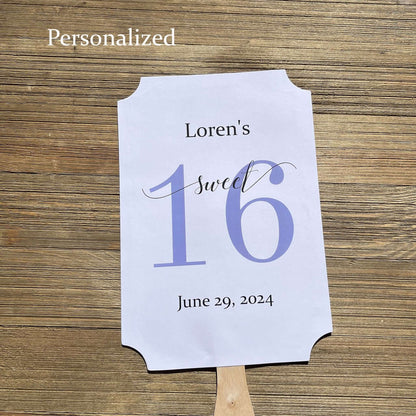 Personalized Sweet 16 Favor Fans for the guest of honor.  Printed on white card stock with a large #16 printed in your choice of color.  Fans ship fully assembled, two sided with handle hidden.  Favor fans make a great keepsake.