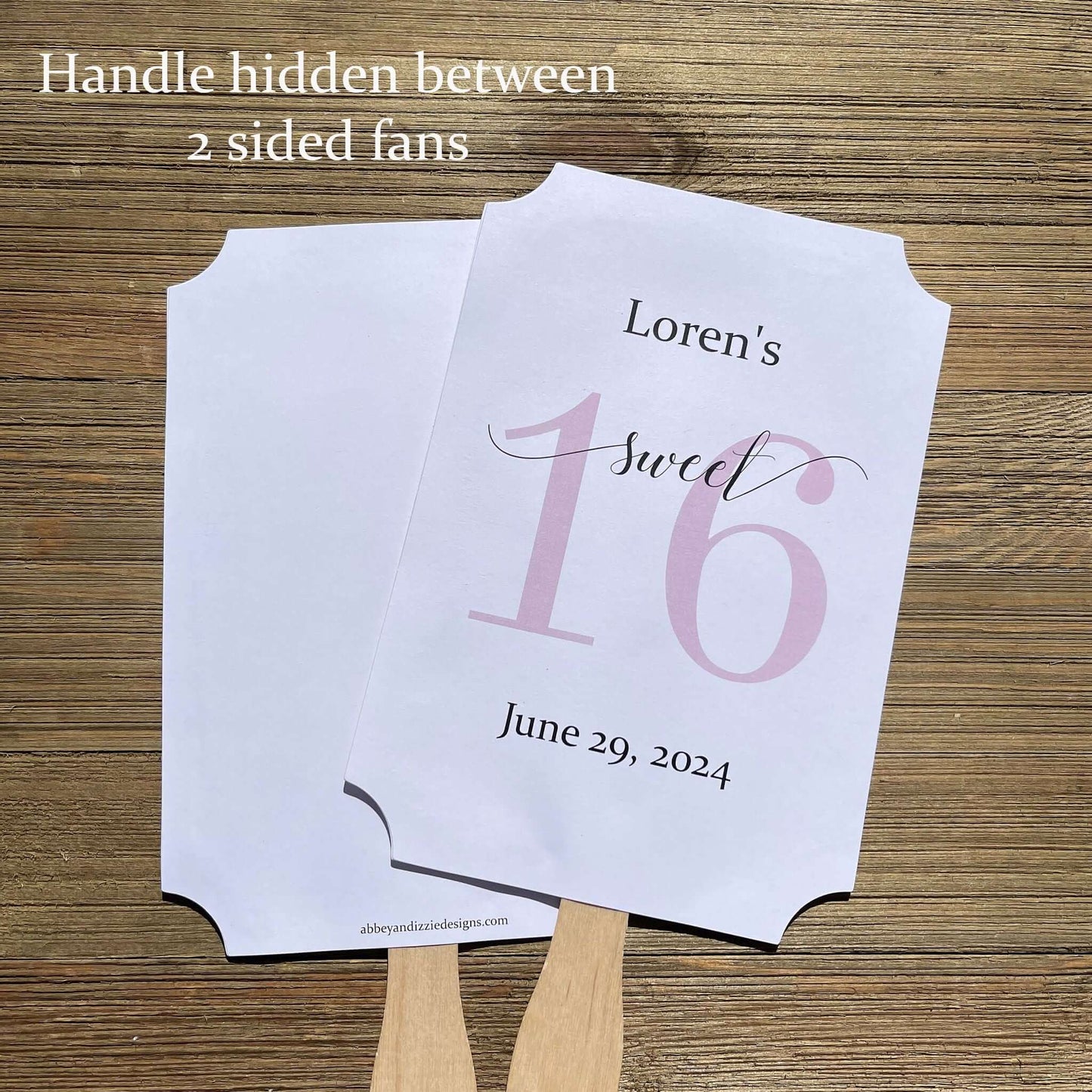 Personalized Sweet 16 Favor Fans for the guest of honor.  Printed on white card stock with a large #16 printed in your choice of color.  Fans ship fully assembled, two sided with handle hidden.  Favor fans make a great keepsake.
