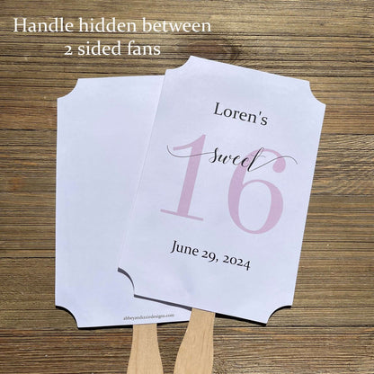 Personalized Sweet 16 Favor Fans for the guest of honor.  Printed on white card stock with a large #16 printed in your choice of color.  Fans ship fully assembled, two sided with handle hidden.  Favor fans make a great keepsake.