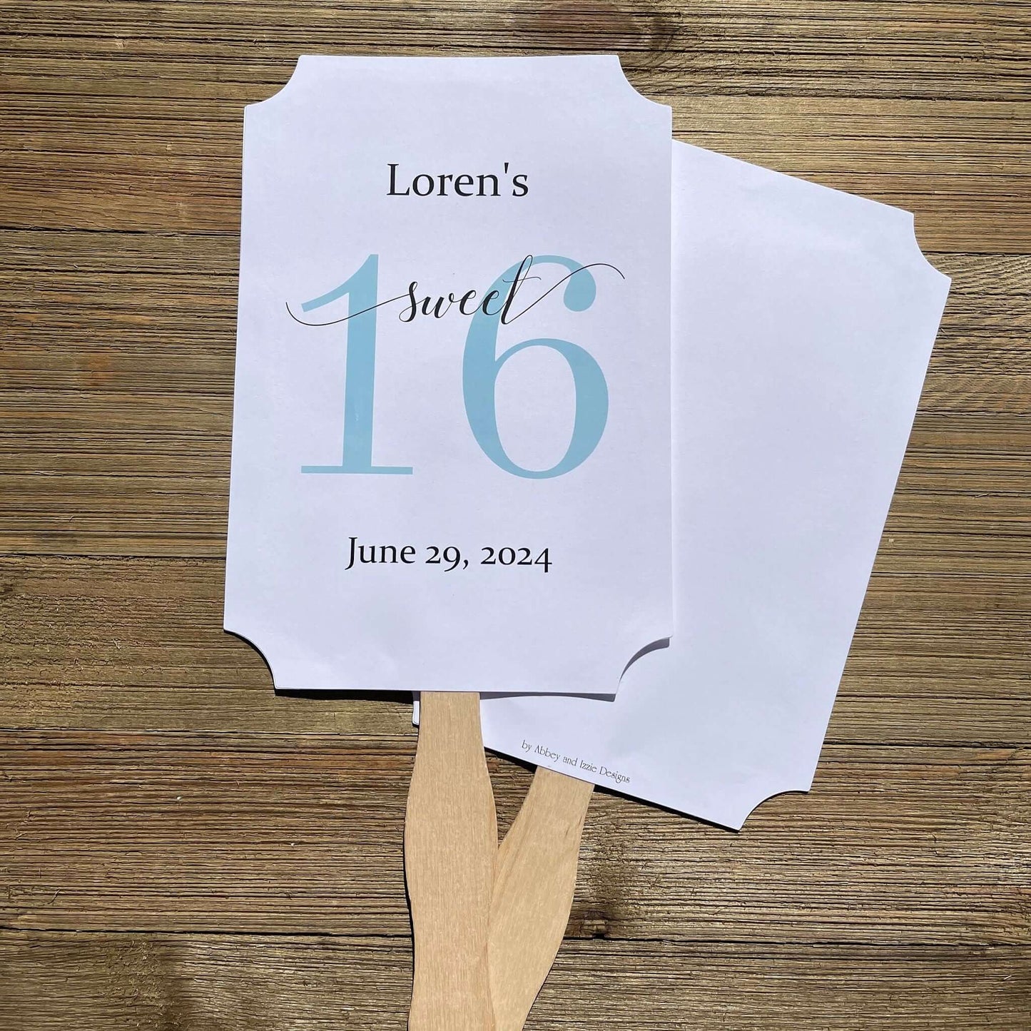 Personalized Sweet 16 Favor Fans for the guest of honor.  Printed on white card stock with a large #16 printed in your choice of color.  Fans ship fully assembled, two sided with handle hidden.  Favor fans make a great keepsake.