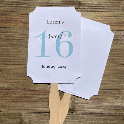 Personalized Sweet 16 Favor Fans for the guest of honor.  Printed on white card stock with a large #16 printed in your choice of color.  Fans ship fully assembled, two sided with handle hidden.  Favor fans make a great keepsake.