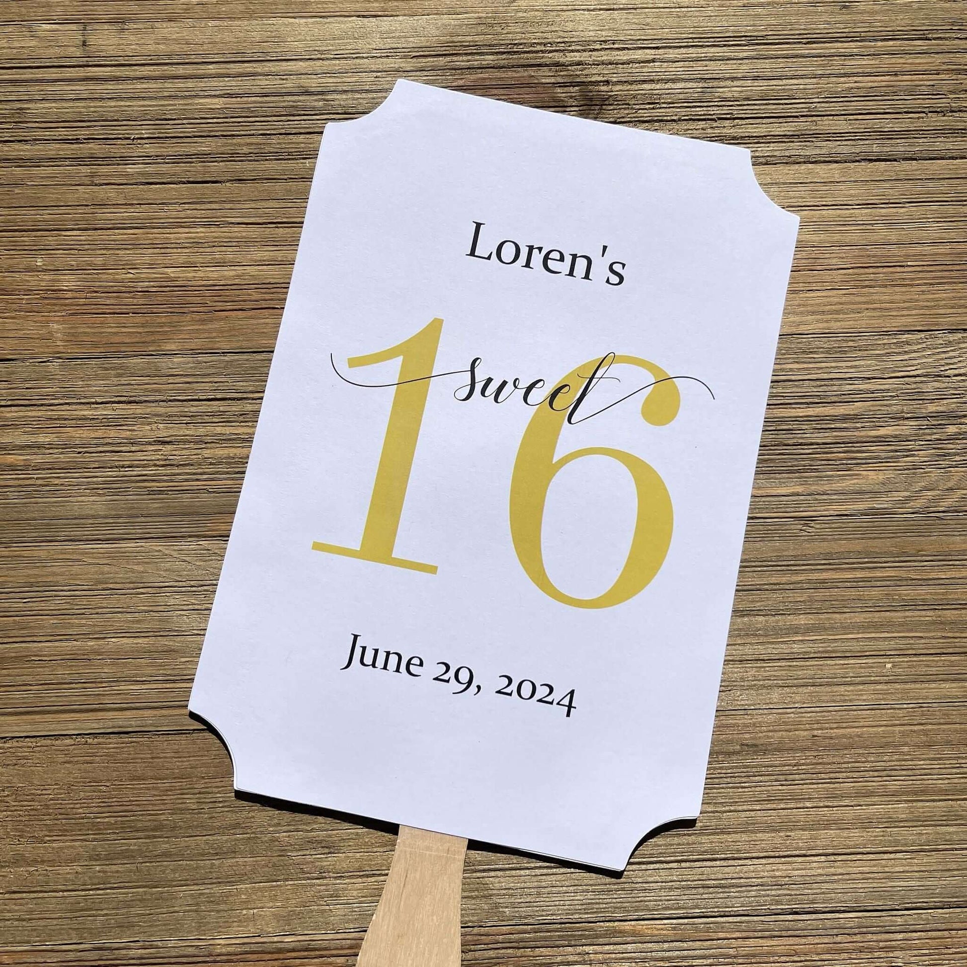 Personalized Sweet 16 Favor Fans for the guest of honor.  Printed on white card stock with a large #16 printed in your choice of color.  Fans ship fully assembled, two sided with handle hidden.  Favor fans make a great keepsake.