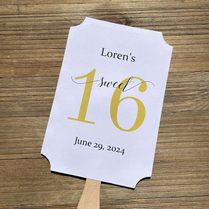 Personalized Sweet 16 Favor Fans for the guest of honor.  Printed on white card stock with a large #16 printed in your choice of color.  Fans ship fully assembled, two sided with handle hidden.  Favor fans make a great keepsake.