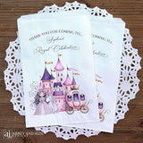 Make your event unforgettable with these Princess Party Favor Bags, personalized to add a special touch.  Printed on white bags with touches of pink and purple, a castle in the background with a princess and unicorn and her carriage.  Printed with thank you for coming to (Your name) royal celebration.  Perfect for candy, cookies or fun gifts.  