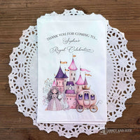 Make your event unforgettable with these Princess Party Favor Bags, personalized to add a special touch.  Printed on white bags with touches of pink and purple, a castle in the background with a princess and unicorn and her carriage.  Printed with thank you for coming to (Your name) royal celebration.  Perfect for candy, cookies or fun gifts.  
