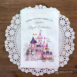 Make your event unforgettable with these Princess Party Favor Bags, personalized to add a special touch.  Printed on white bags with touches of pink and purple, a castle in the background with a princess and unicorn and her carriage.  Printed with thank you for coming to (Your name) royal celebration.  Perfect for candy, cookies or fun gifts.  